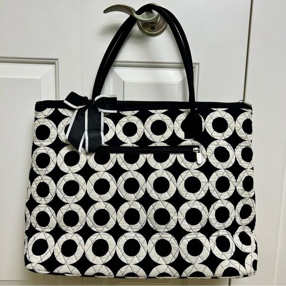 Weekender Travel Bag with Circle Pattern and Bow Tote Overnight Black and White - Picture 1 of 11